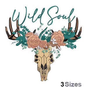 Wild Soul - Machine Embroidery Design - 3 Sizes, Rustic Steer Skull Embroidery Pattern, Deer Antlers Skull Embroidery Design