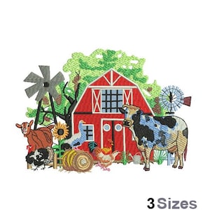 Farm Animals & Red Barn - Machine Embroidery Design - 3 Sizes, Farm Windmill Embroidery Pattern, Cow Goat Turkey Chicken Embroidery Design
