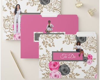 May include: Three pink and white file folders with a gold and black floral pattern. The folders have a label that says "To Do".