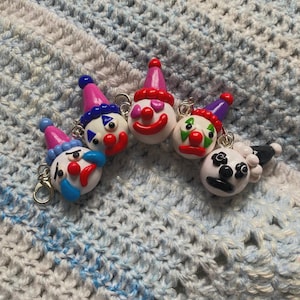 polymer clay clown charms - unique handmade gift - fun clown keychains - colourful clown trinkets - cute circus themed clown charms