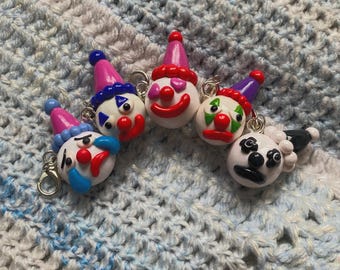 polymer clay clown charms - unique handmade gift - fun clown keychains - colourful clown trinkets - cute circus themed clown charms