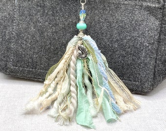 By the Sea Beaded Tassel Bookmark OR Purse Charm -fiber art, tassel art, junk journal accessory, decoration, beaded charm, yarn tassel