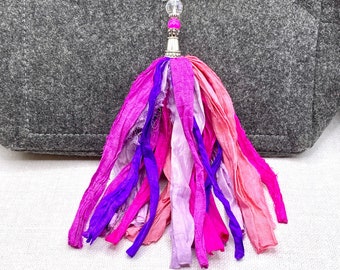 Fiesta Beaded Tassel Purse Charm OR Bookmark -fiber art, sari silk, junk journal accessory, accessory, beaded charm, silk yarn tassel, decor