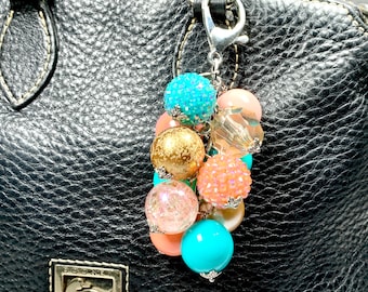 Morocco Beaded Purse or Bag Charm -accessory, embellishment, shabby chic, boho, dangle, unique, beaded, rhinestone, blue pink bag charm