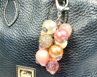 Sentimental Beaded Purse or Bag Charm -accessory, embellishment, shabby chic, boho, dangle, unique, beaded, rhinestone, green pink bag charm