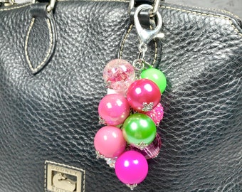 Pink Limeade Beaded Purse or Bag Charm -accessory, embellishment, shabby chic, boho, dangle, ooak, beaded, rhinestone, green pink bag charm