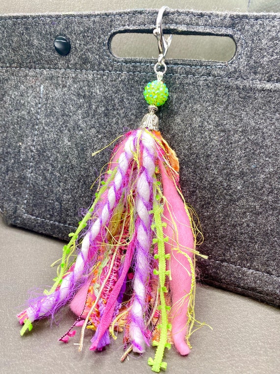 Flamingo Party Beaded Tassel Bookmark OR Purse Charm -fiber art, tassel art, junk journal accessory, accessory, beaded charm, yarn tassel