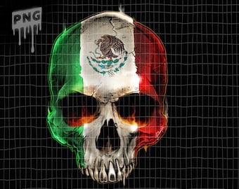 May include: A skull with the Mexican flag painted on it. The skull is set against a black background with a grid pattern.