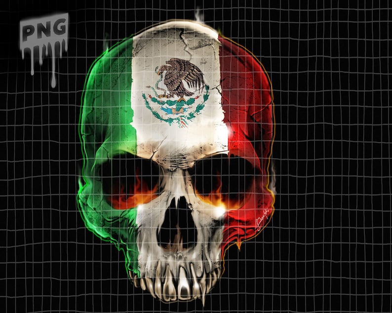 May include: A skull with the Mexican flag painted on it. The skull is set against a black background with a grid pattern.