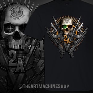 May include: Black t-shirt with a skull and crossbones design. The skull is surrounded by guns and the text "Don't Tread On Me" and "Liberty or Death". The text "2A" is also visible on the shirt.