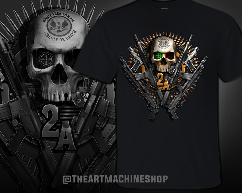 May include: Black t-shirt with a skull and crossbones design. The skull is surrounded by guns and the text "Don't Tread On Me" and "Liberty or Death". The text "2A" is also visible on the shirt.