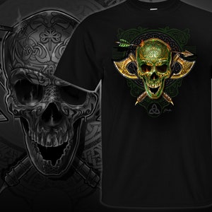 May include: Green skull with Celtic knotwork design, surrounded by two crossed axes and an arrow. The skull has a gold trim and is set against a black background.