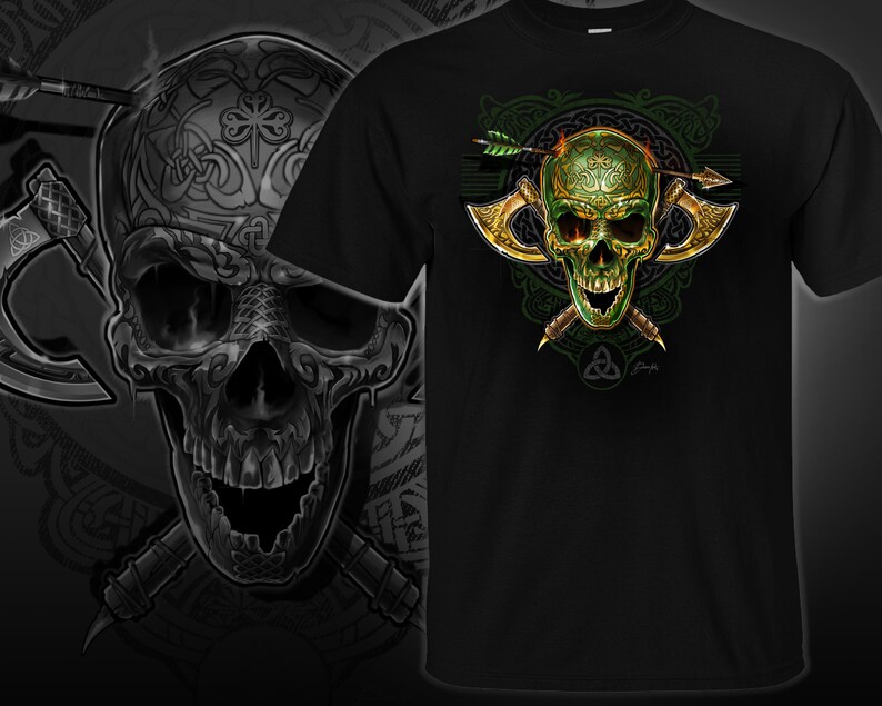 May include: Green skull with Celtic knotwork design, surrounded by two crossed axes and an arrow. The skull has a gold trim and is set against a black background.