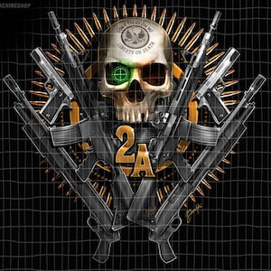 Pode incluir: Uma ilustração em preto e branco de uma caveira com um alvo verde no olho. A caveira é cercada por um círculo de balas douradas e o texto "Don't Tread On Me" e "Liberty or Death". O texto "2A" está no centro da imagem.