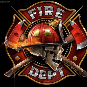 May include: A red and gold firefighter's helmet with a skull and crossbones design. The helmet is set against a red and gold fire department emblem with the words "FIRE DEPT" in silver lettering.