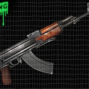 Peut inclure: Une arme à feu noire et brune avec une crosse en bois et un chargeur attaché. Le fusil est sur un fond à carreaux noir et blanc.