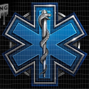 May include: A blue and silver medical star of life symbol with a snake wrapped around a rod. The star is outlined in silver and has a shiny, metallic finish.
