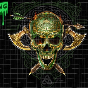 May include: A green skull with gold Celtic knotwork designs, two gold axes crossed behind the skull, and an arrow piercing the top of the skull.
