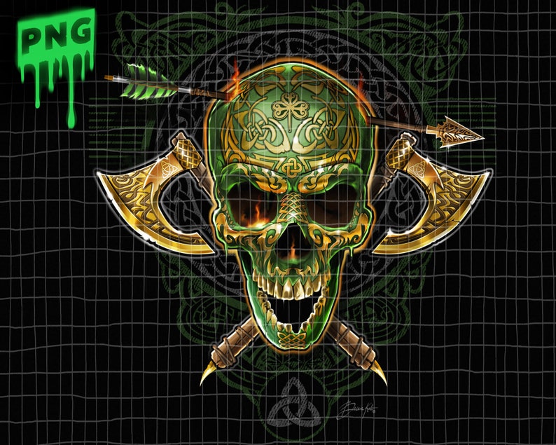 May include: A green skull with gold Celtic knotwork designs, two gold axes crossed behind the skull, and an arrow piercing the top of the skull.