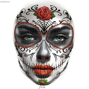 May include: A white face with a sugar skull makeup design. The face has black eyes with green pupils, a red mouth, and black and white floral designs. A red rose with green leaves is on the forehead.