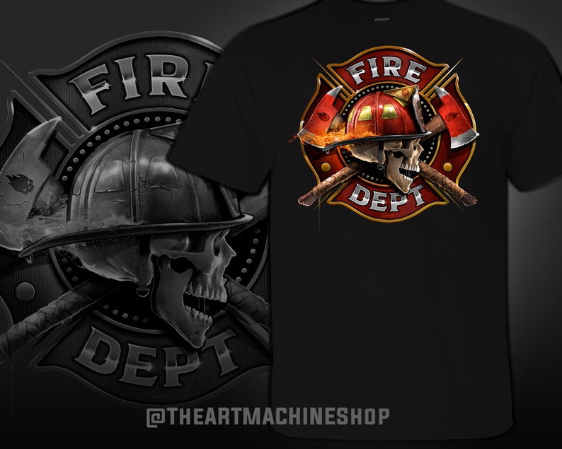 May include: Black t-shirt with a graphic of a skull wearing a firefighter helmet and crossed axes. The graphic is surrounded by a red circle with the words "FIRE DEPT" in gold lettering. The text "@THEARTMACHINESHOP" is at the bottom of the shirt.