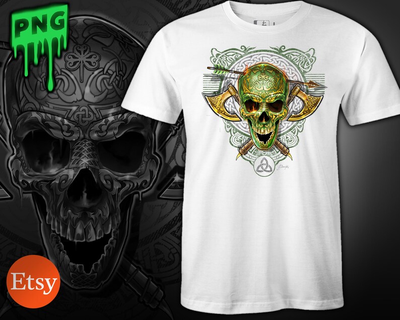 May include: White t-shirt with a green skull design. The skull is surrounded by Celtic knotwork and two crossed axes. The skull has a green and gold design and is pierced by an arrow.