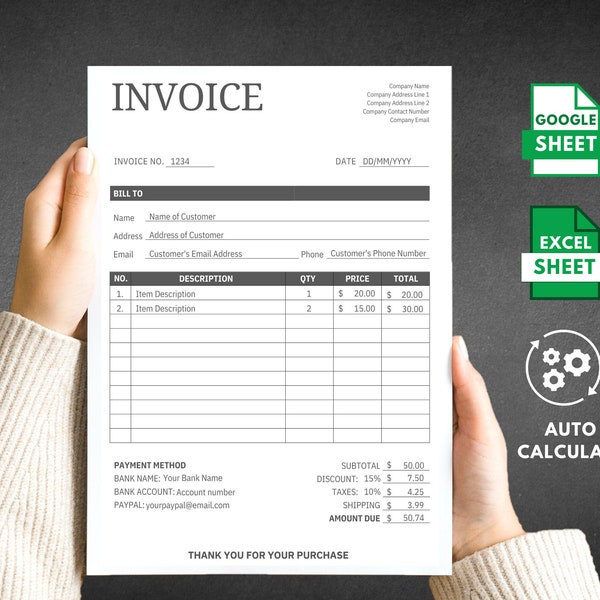 Invoice Template Excel, Google Sheet Spreadsheet template, Auto Calculate, Printable invoice, Editable Order Form