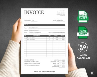 Invoice Template Excel, Google Sheet Spreadsheet template, Auto Calculate, Printable invoice, Editable Order Form