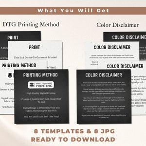 May include: A digital design mockup showing the difference between direct-to-garment printing and screen printing. The image includes text explaining the printing methods and a color disclaimer.