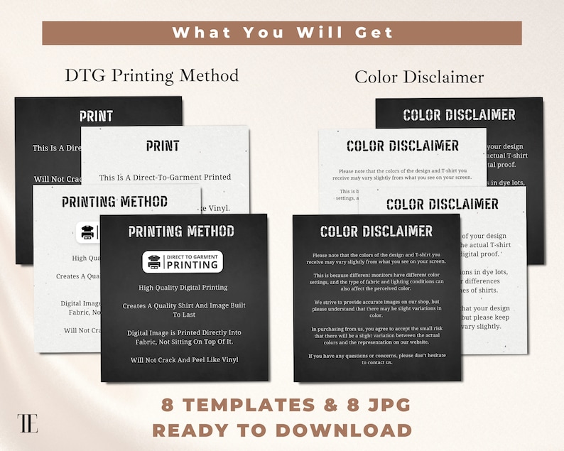 May include: A digital design mockup showing the difference between direct-to-garment printing and screen printing. The image includes text explaining the printing methods and a color disclaimer.