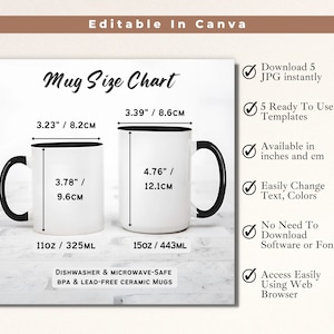 2 Tone Coffee Mug Size Chart, Coffee Mug Mockup 11oz and 15oz Two Tone Coffee Cup Sizing Guide Printify Size Editable