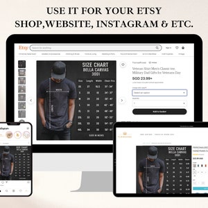 May include: A mockup of a website and mobile app showing a size chart for a black t-shirt. The t-shirt is available for purchase on Etsy. The website shows a size chart with measurements in inches. The mobile app shows a size chart with measurements in inches. The text on the website reads "Veteran Shirt Men's Classic tee, Military Dad Gifts for Veterans Day. SGD 23.99+"