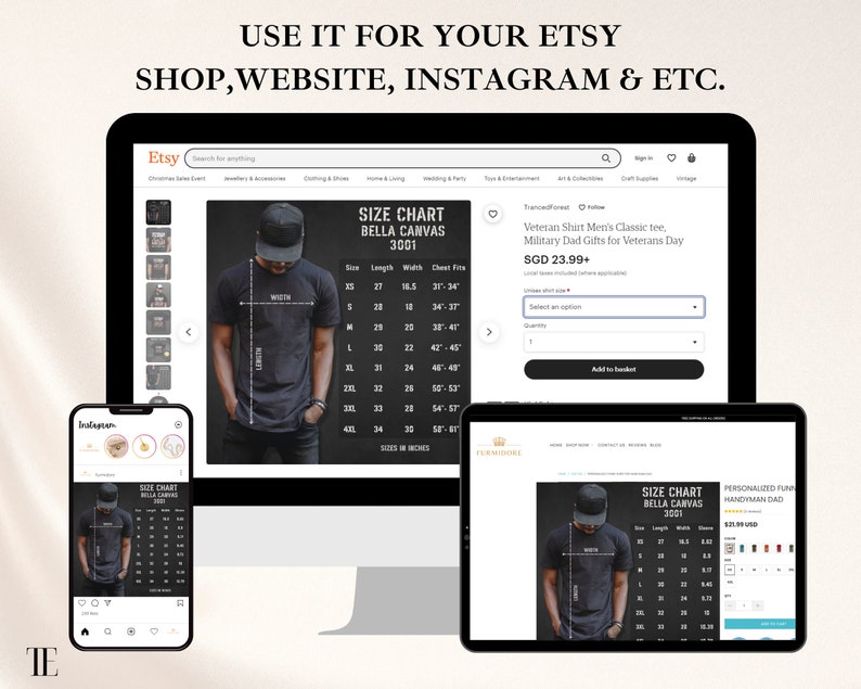 May include: A mockup of a website and mobile app showing a size chart for a black t-shirt. The t-shirt is available for purchase on Etsy. The website shows a size chart with measurements in inches. The mobile app shows a size chart with measurements in inches. The text on the website reads "Veteran Shirt Men's Classic tee, Military Dad Gifts for Veterans Day. SGD 23.99+"