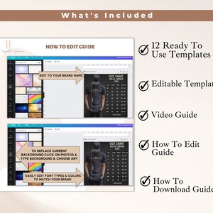 May include: A digital mockup of a size chart template for a t-shirt. The template is customizable and includes a video guide and download guide. The image shows a black t-shirt with a size chart on a black background.