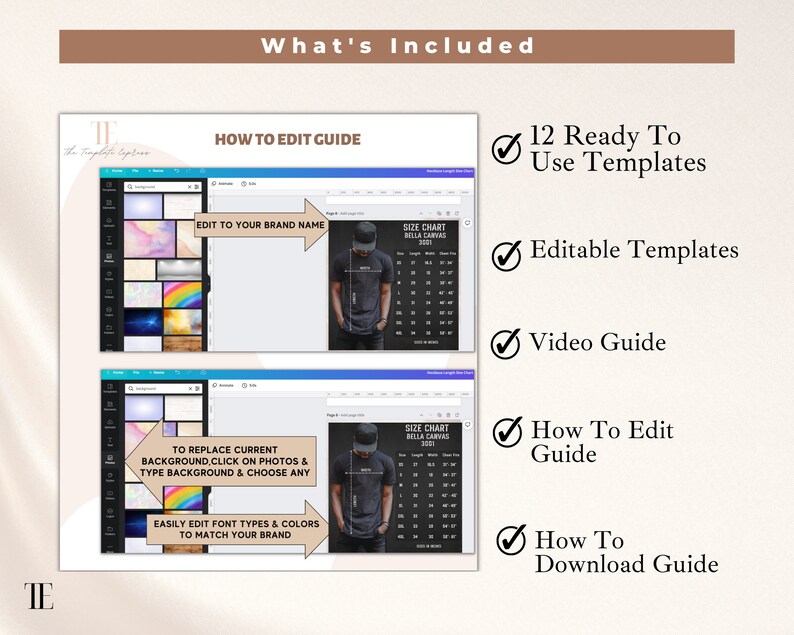 May include: A digital mockup of a size chart template for a t-shirt. The template is customizable and includes a video guide and download guide. The image shows a black t-shirt with a size chart on a black background.