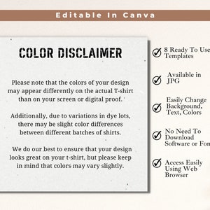 Kleurdisclaimer Etsy Shopbeleidssjabloon, direct op kledingstuk DTG-shirt afdrukken, klaar voor jou, downloaden als JPG, bewerkbare sjabloon voor POD