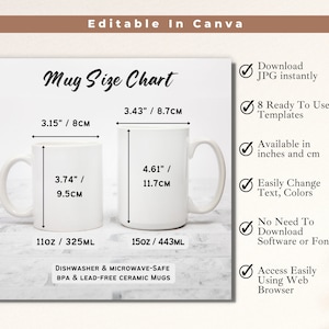 Minimalist Mug Size Chart, Coffee Mug Mockup , 11oz and 15oz White Mug, Done For You, Download as JPG, Editable Template, Inches and Cm