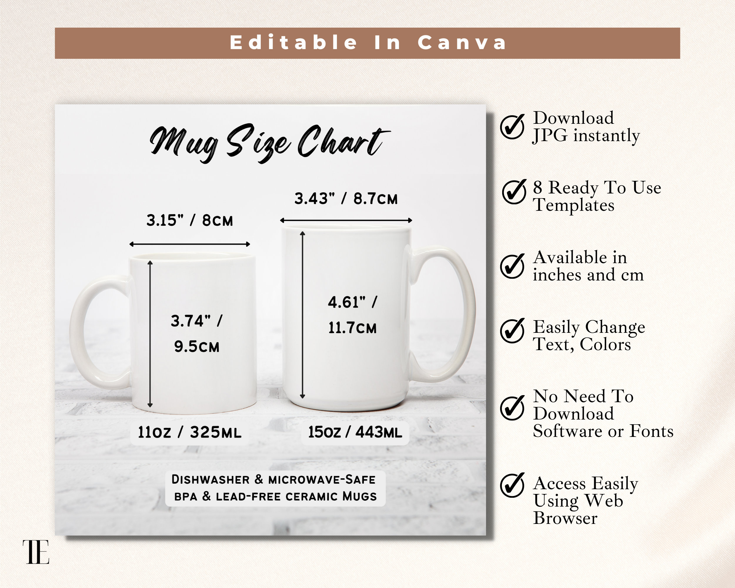 Minimalist Mug Size Chart, Coffee Mug Mockup , 11oz and 15oz White Mug,  Done for You, Download as JPG, Editable Template, Inches and Cm 