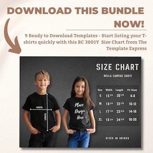 Puede incluir: Una tabla de tallas en blanco y negro para camisetas Bella Canvas 3001Y. La tabla muestra el ancho y la longitud de las camisetas en pulgadas, así como las tallas de ajuste correspondientes para niños. La tabla está etiquetada como "Tabla de tallas" y "Bella Canvas 3001Y".