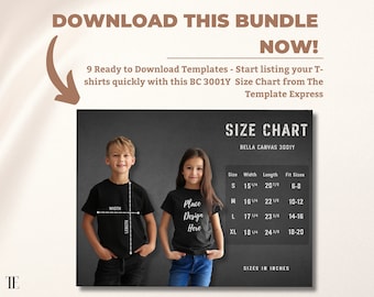 Tabla de tallas para niños Bella Canvas 3001Y paquete de maquetas de camisetas para jóvenes modelo de niña y niño Guía de tallas para la tienda de Etsy Sitio web de comercio electrónico POD