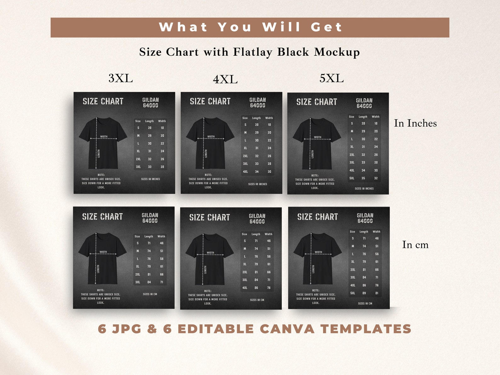 Gildan 64000 Size Chart Flatlay Mockup Black Tshirt Unisex Softstyle