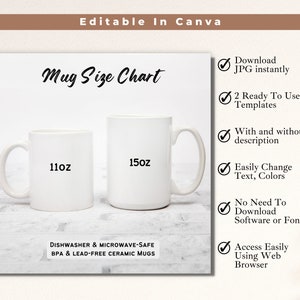 Minimalist Mug Size Chart in Oz , Coffee Mug Mockup, 11oz and 15oz White Mug, DFY, Download as JPG, Editable Template, Etsy Shop, Website