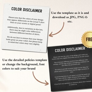 May include: Color disclaimer template for T-shirt designs. The template includes text about color variations and how to use the template. The text is in black on a white background. The template is free to download.