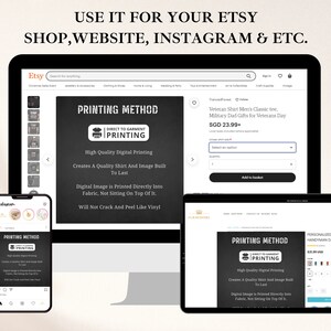 May include: A mockup of a computer screen, tablet, and smartphone showing an Etsy shop listing for a t-shirt with the text "Veteran Shirt Men's Classic tee, Military Dad Gifts for Veterans Day" and a price of $23.99. The listing also includes a description of the printing method, which is "Direct to Garment Printing".