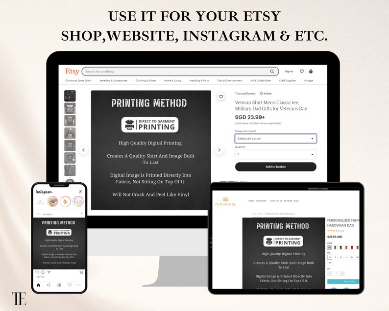 May include: A mockup of a computer screen, tablet, and smartphone showing an Etsy shop listing for a t-shirt with the text "Veteran Shirt Men's Classic tee, Military Dad Gifts for Veterans Day" and a price of $23.99. The listing also includes a description of the printing method, which is "Direct to Garment Printing".