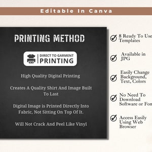 May include: A black and white graphic with the text "PRINTING METHOD" and "DIRECT TO GARMENT PRINTING" in a white box. The graphic also includes a list of features, including "High Quality Digital Printing", "Creates A Quality Shirt And Image Built To Last", "Digital Image is Printed Directly Into Fabric, Not Sitting On Top Of It", and "Will Not Crack And Peel Like Vinyl". The graphic is on a black background with a white border.