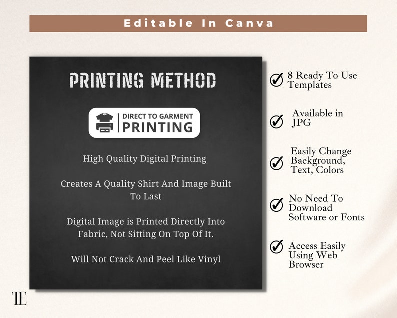 May include: A black and white graphic with the text "PRINTING METHOD" and "DIRECT TO GARMENT PRINTING" in a white box. The graphic also includes a list of features, including "High Quality Digital Printing", "Creates A Quality Shirt And Image Built To Last", "Digital Image is Printed Directly Into Fabric, Not Sitting On Top Of It", and "Will Not Crack And Peel Like Vinyl". The graphic is on a black background with a white border.