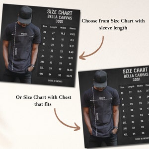 May include: Size chart for Bella Canvas 3001 t-shirts. The chart shows measurements in inches for length, width, and sleeve length. The chart also includes chest fit measurements in inches.