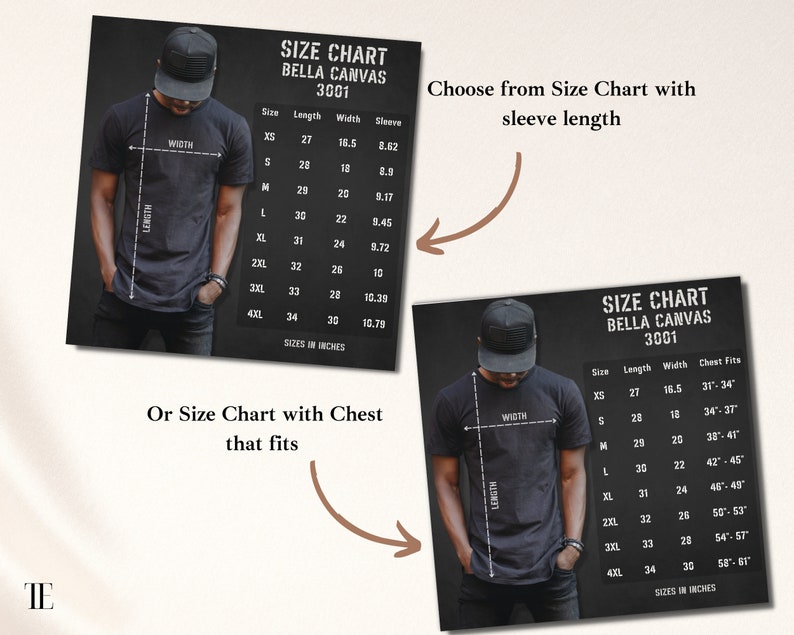 May include: Size chart for Bella Canvas 3001 t-shirts. The chart shows measurements in inches for length, width, and sleeve length. The chart also includes chest fit measurements in inches.