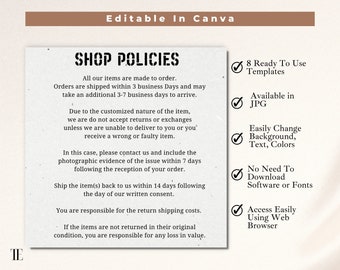 Returns and Refunds Policy Template for Etsy Shop, Etsy Shop policies, Tshirt Exchange and return policy, Download as JPG, Editable Template